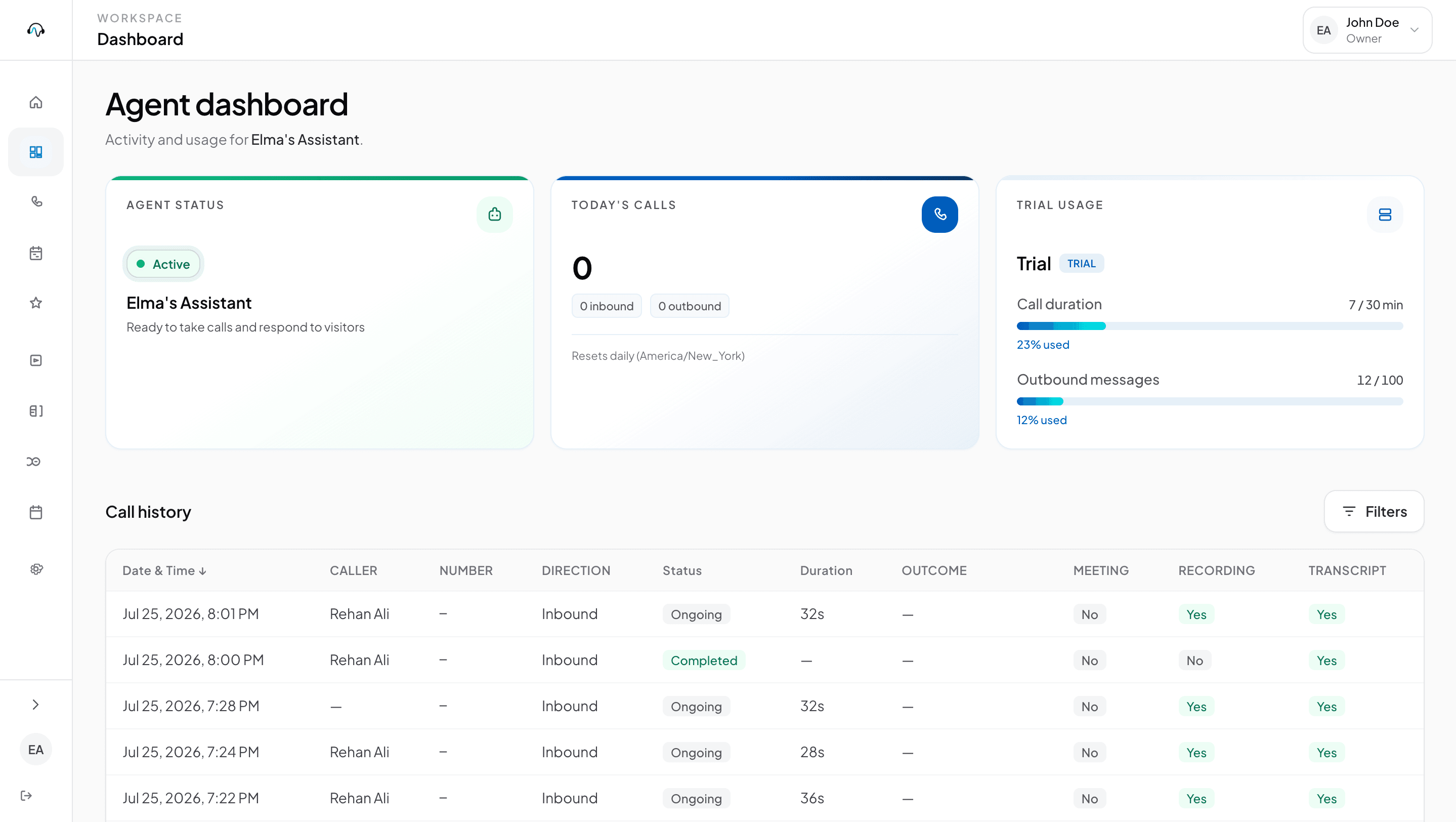 ELMA AI dashboard showing live call routing